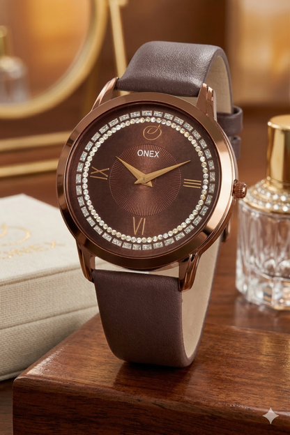 ONEX Men’s Analog Watch with Brown Dial, Crystal Studded Bezel & Brown Leather Strap – Stylish Casual & Formal Wrist Watch for Men