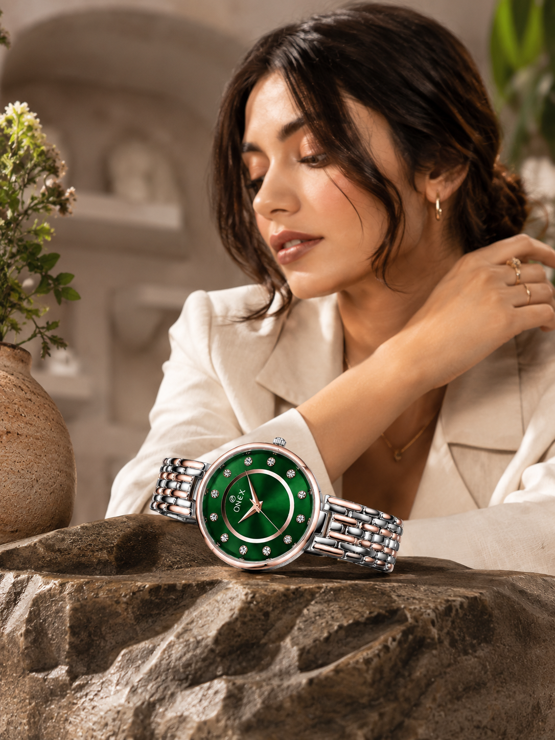Onex Women’s Green Analog Watch with Crystal Studded Dial & Dual Tone Bracelet Strap