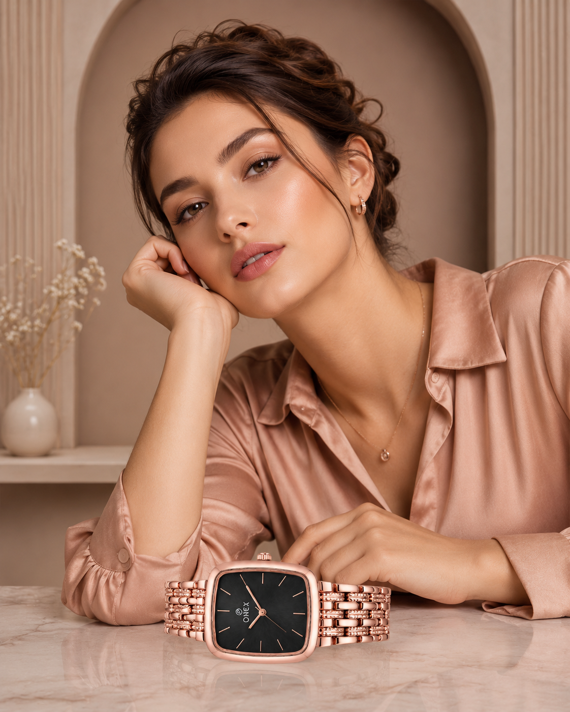 ONEX Women's Analog Rose Gold Stainless Steel Bracelet Watch | Square Black Dial | Elegant Casual & Party Wear Wrist Watch for Women