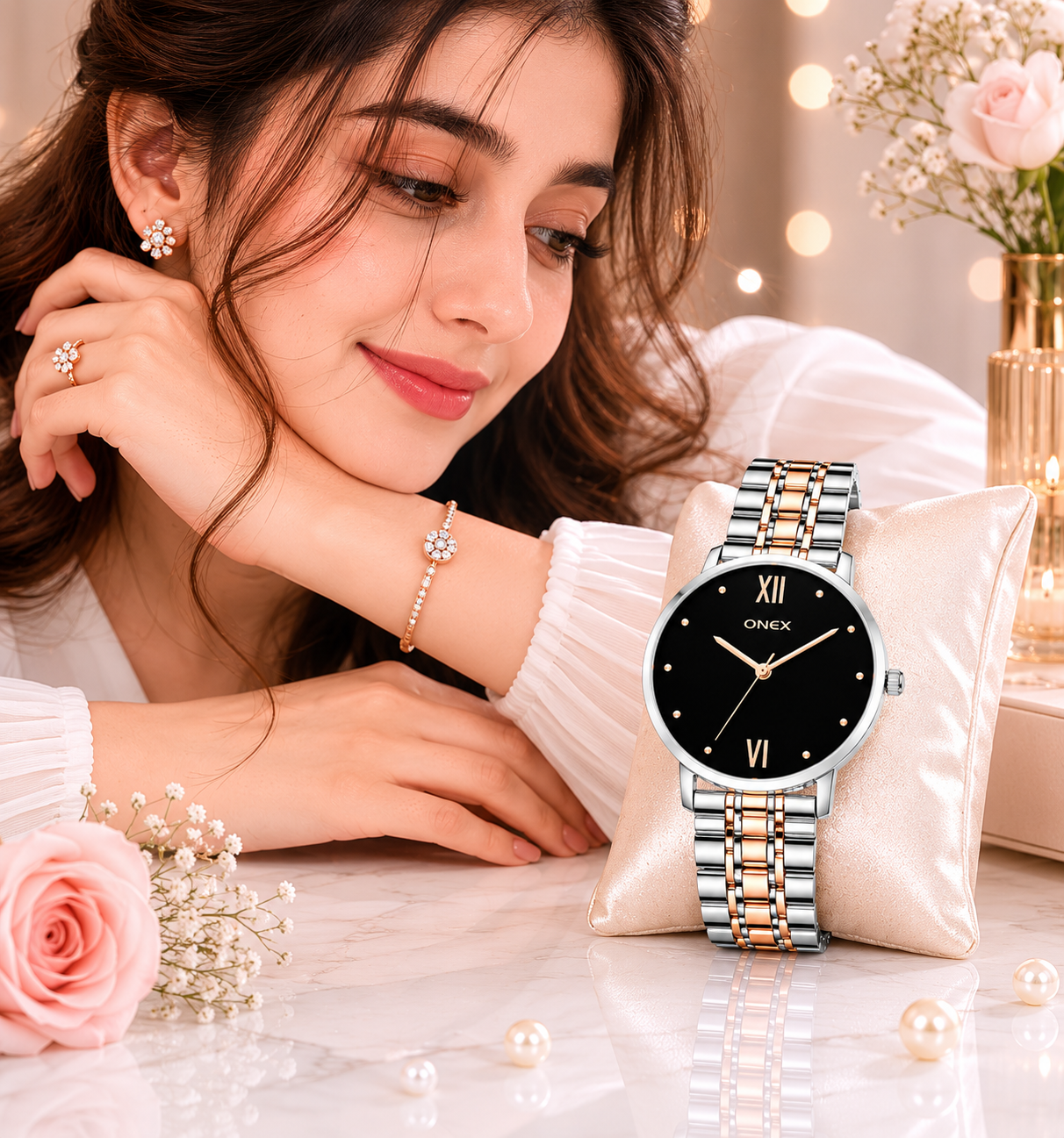 ONEX Women's Analog Wrist Watch for women | Two Tone Stainless Steel Bracelet Strap | Black Sunray Dial | Premium Casual & Formal Watch
