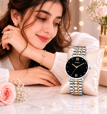 ONEX Women's Analog Wrist Watch for women | Two Tone Stainless Steel Bracelet Strap | Black Sunray Dial | Premium Casual & Formal Watch