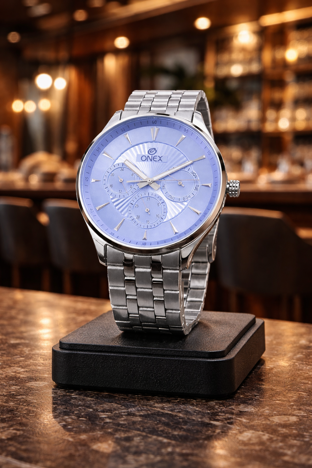 ONEX Men's Premium Multifunction Analog Watch for Men | light blue Sunray Dial | Silver Stainless Steel Bracelet | Quartz Movement | Stylish Casual & Formal Wrist Watch