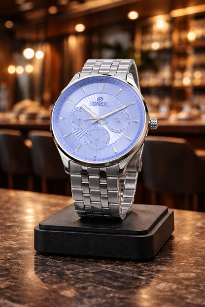 ONEX Men's Premium Multifunction Analog Watch for Men | light blue Sunray Dial | Silver Stainless Steel Bracelet | Quartz Movement | Stylish Casual & Formal Wrist Watch