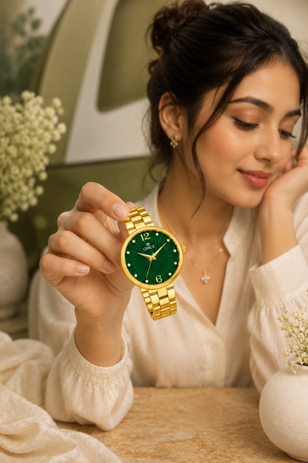 ONEX Women’s Gold-Tone Designer Bracelet Watch with Crystal Studded Dial Green