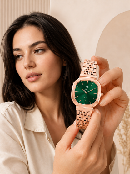 Onex Slim Rose Gold Stainless Steel Analog Watch for Women | Green Sunray Dial | Elegant Bracelet Strap