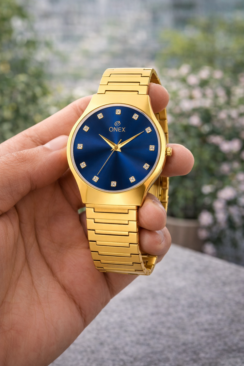 ONEX Premium Gold-Tone Analog Watch with Blue Sunray Dial & Crystal Hour Markers