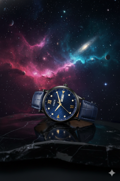 ONEX Men’s Analog Watch with Day & Date Display, Blue Textured Dial, Blue Leather Strap, Roman Index – Stylish Formal Wrist Watch for Men