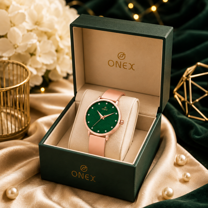 ONEX Women's Rose Gold Stainless Steel Analog Watch | Textured Green Dial with Crystal Hour Markers | Elegant Bracelet Strap | Fashion Wrist Watch for Women