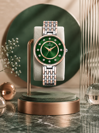 Onex Women’s Green Analog Watch with Crystal Studded Dial & Dual Tone Bracelet Strap