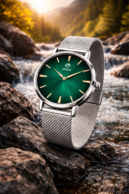 ONEX Men’s Analog Watch with Green Sunray Dial & Silver Stainless Steel Mesh Strap | Minimal Classic Design