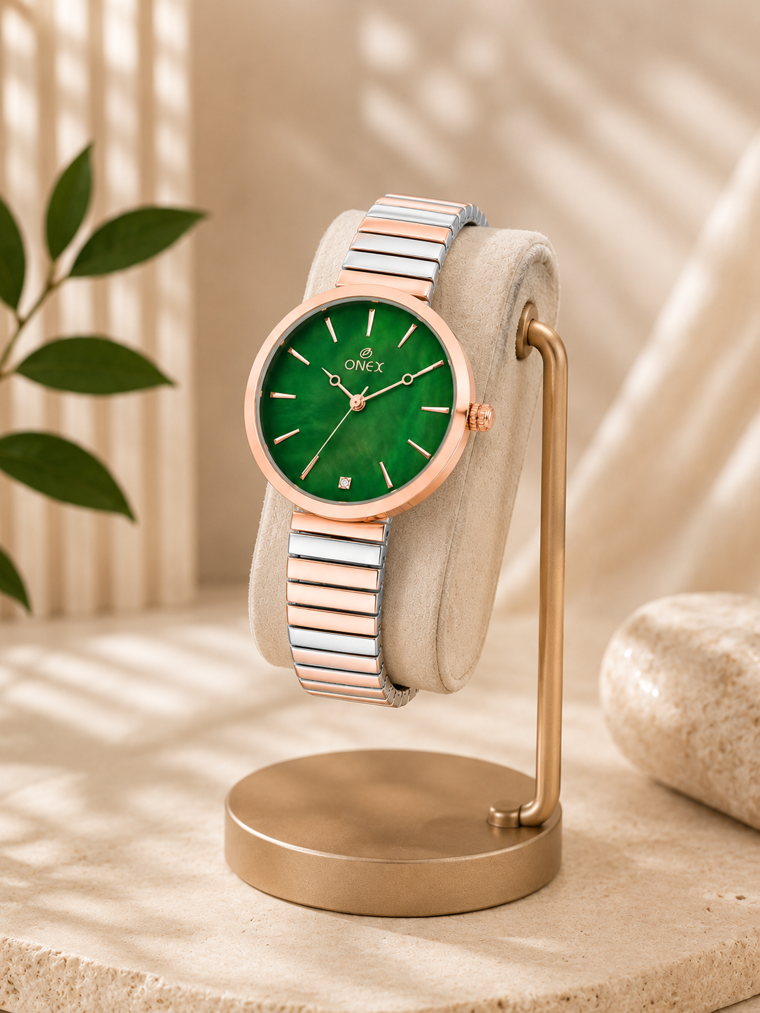 Onex Women’s Rose Gold Green Pearl Dial Slim Bracelet Watch