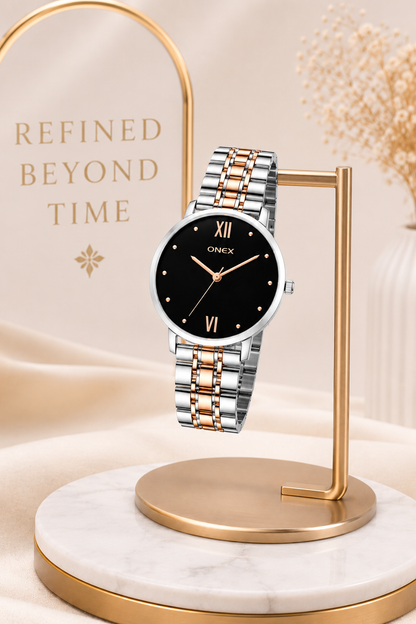 ONEX Women's Analog Wrist Watch for women | Two Tone Stainless Steel Bracelet Strap | Black Sunray Dial | Premium Casual & Formal Watch