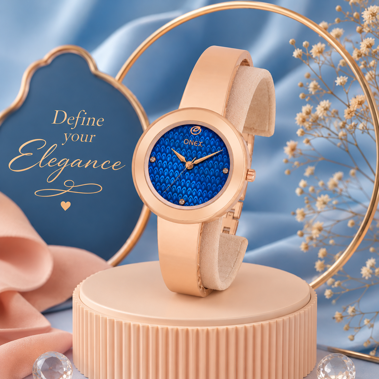 OneX Premium Rose Gold Analog Watch | Crystal-Studded Dial & Metal Bracelet