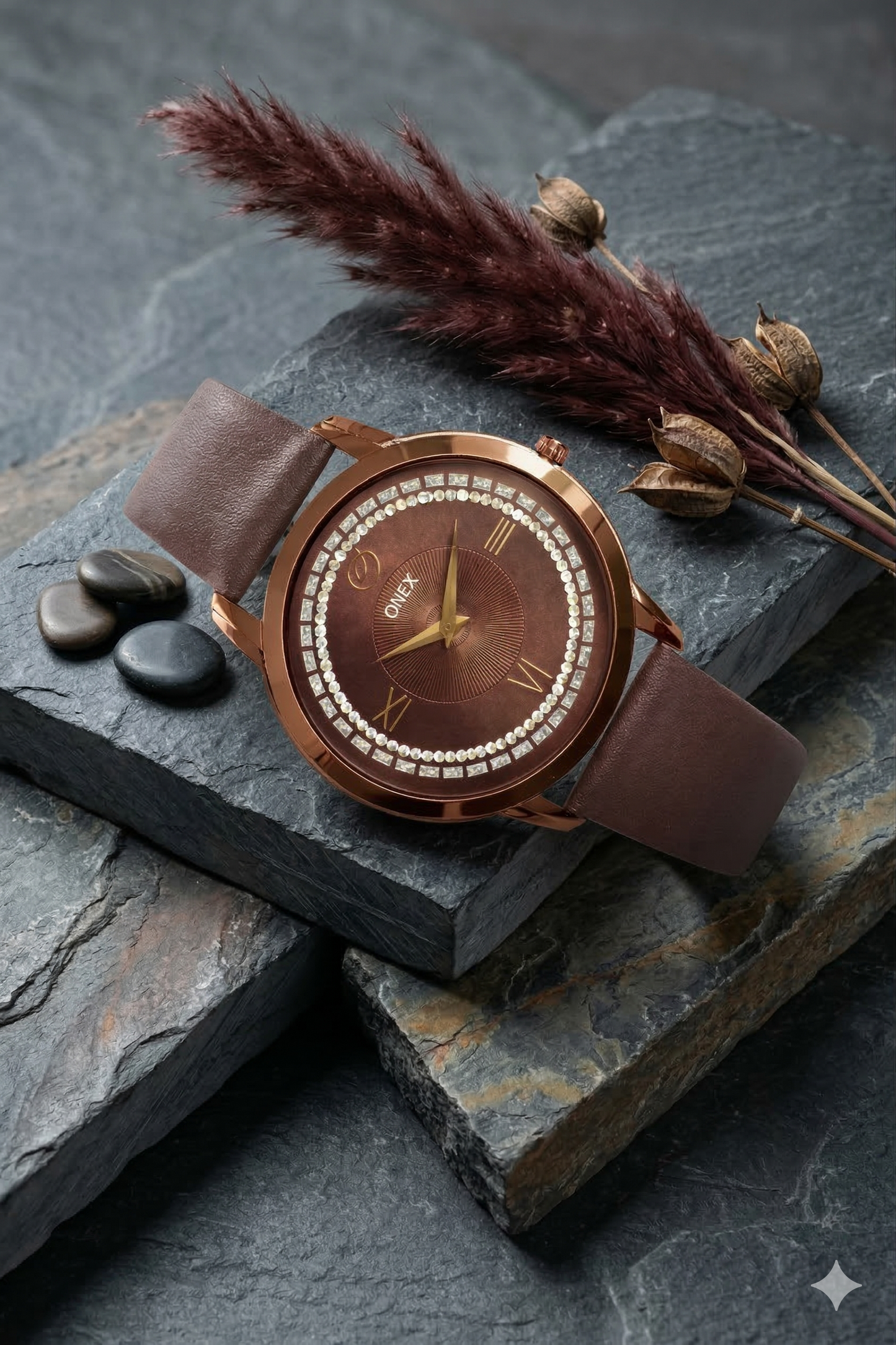 ONEX Men’s Analog Watch with Brown Dial, Crystal Studded Bezel & Brown Leather Strap – Stylish Casual & Formal Wrist Watch for Men