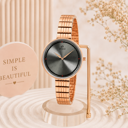 ONEX Elegant Rose Gold Women’s Watch | Grey Sunray Dial with Crystal Ring