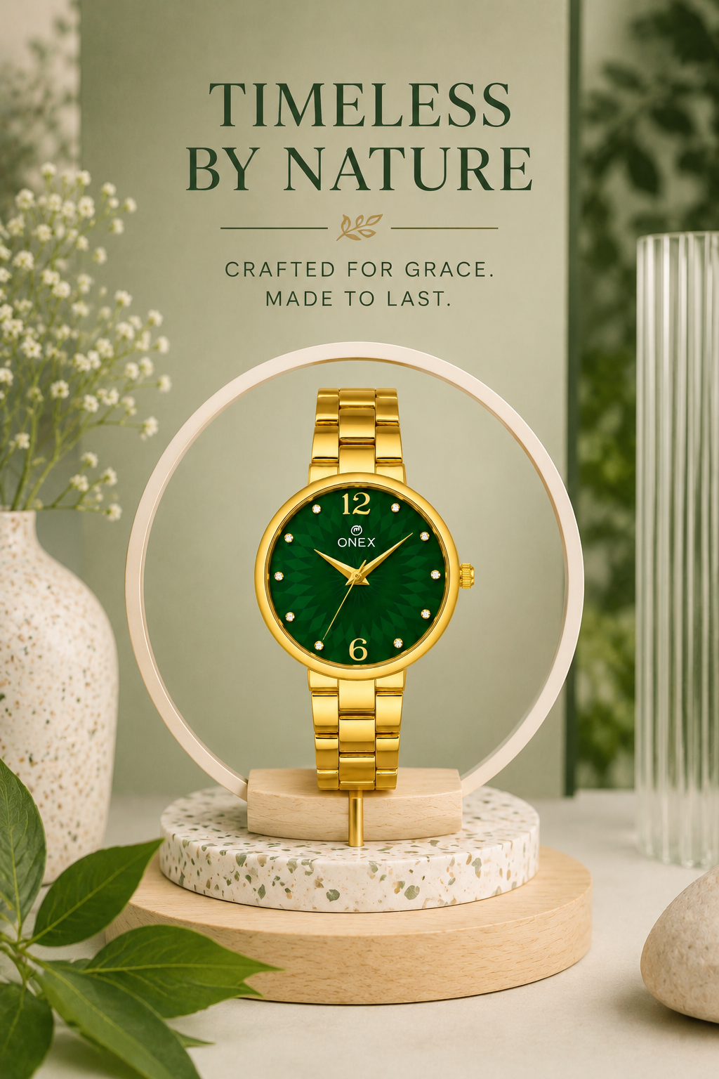 ONEX Women’s Gold-Tone Designer Bracelet Watch with Crystal Studded Dial Green