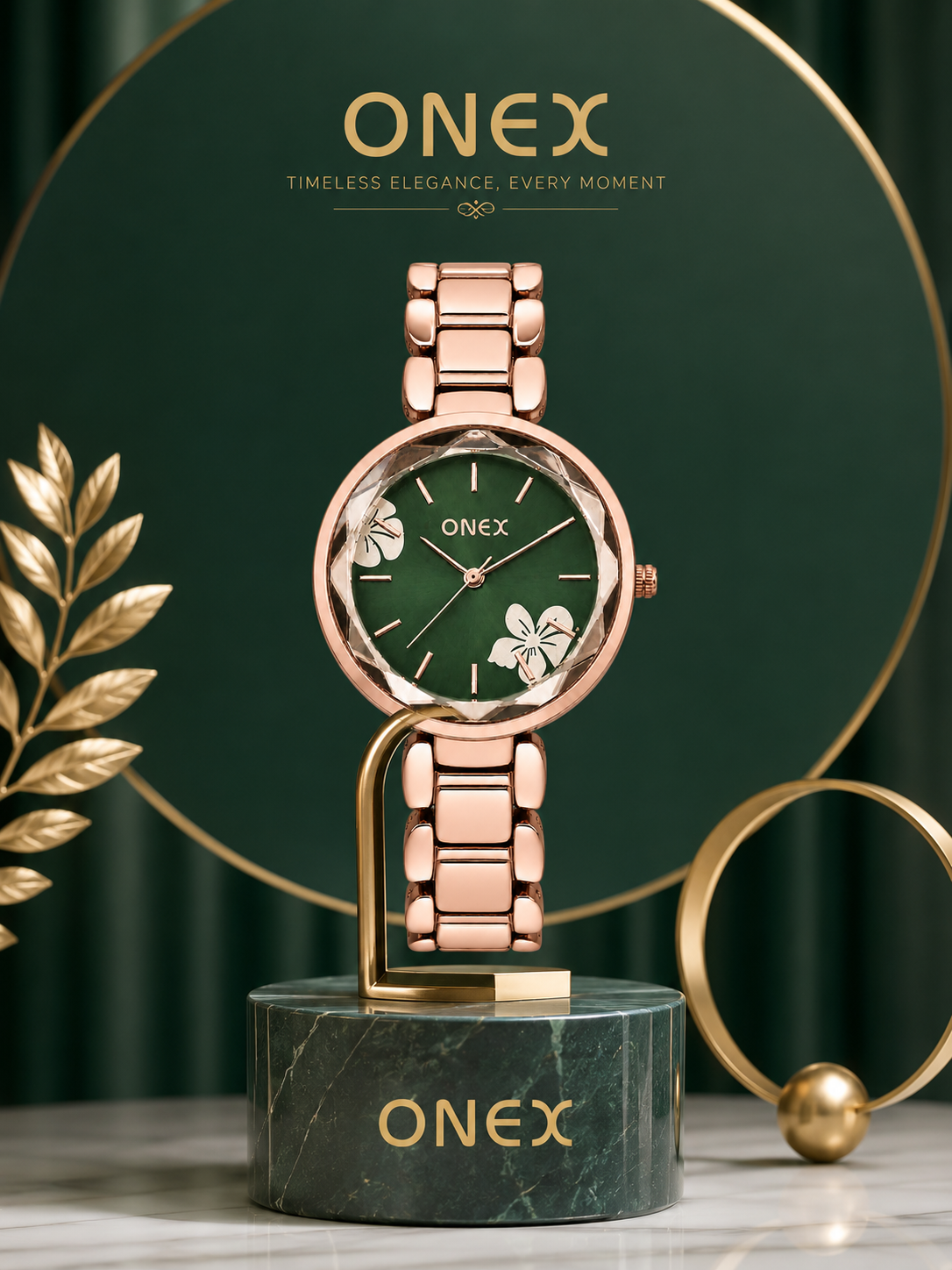 ONEX Women's Rose Gold Analog Watch | Floral Sunray Green Dial | Premium Bracelet Strap | Quartz Movement | Elegant Dress Watch