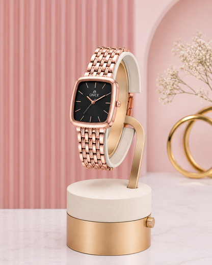 ONEX Women's Analog Rose Gold Stainless Steel Bracelet Watch | Square Black Dial | Elegant Casual & Party Wear Wrist Watch for Women