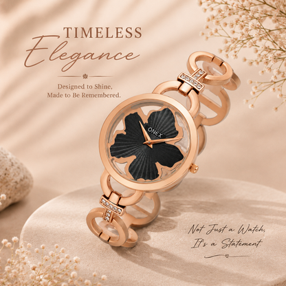 ONEX Rose Gold Women’s Bracelet Watch with Black Textured Dial & Crystal Accents