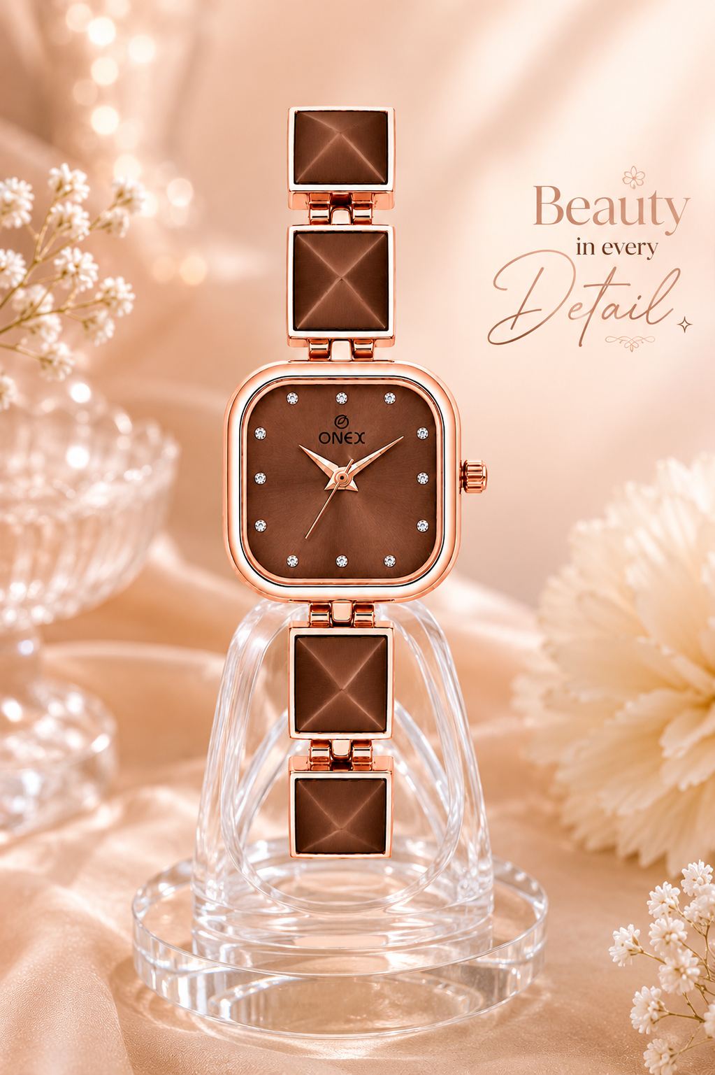 ONEX Women’s Rose Gold Square Dial Bracelet Watch with Crystal Studded Brown Dial