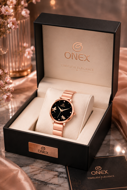Onex Women’s Rose Gold Bracelet Watch with Crystal Markers & Dragonfly Dial