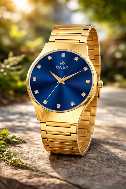 ONEX Premium Gold-Tone Analog Watch with Blue Sunray Dial & Crystal Hour Markers