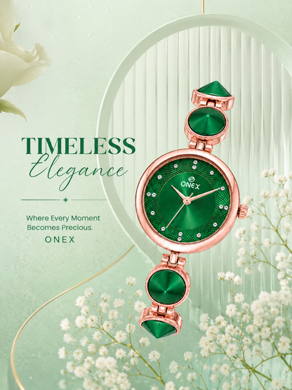 Onex Women’s Rose Gold Designer Bracelet Watch with Green Textured Dial
