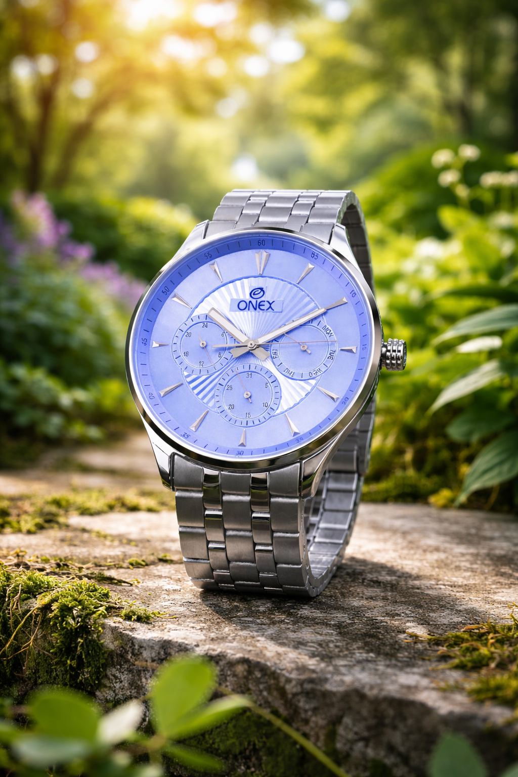 ONEX Men's Premium Multifunction Analog Watch for Men | light blue Sunray Dial | Silver Stainless Steel Bracelet | Quartz Movement | Stylish Casual & Formal Wrist Watch