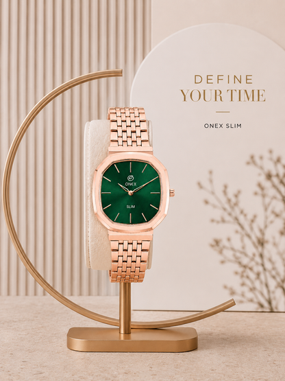 Onex Slim Rose Gold Stainless Steel Analog Watch for Women | Green Sunray Dial | Elegant Bracelet Strap