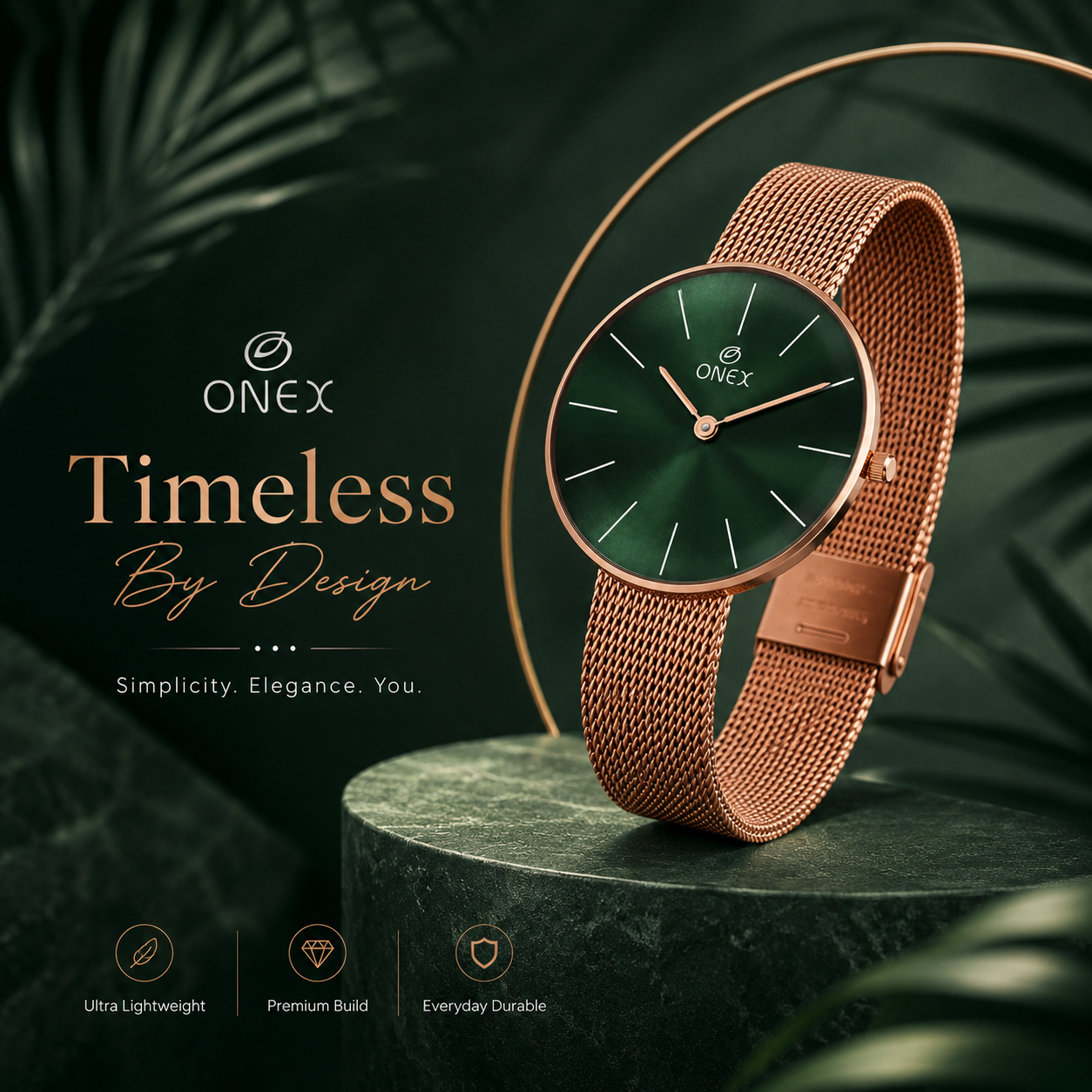 ONEX Women’s Rose Gold Analog Watch with Minimalist Dial & Mesh Metal Strap