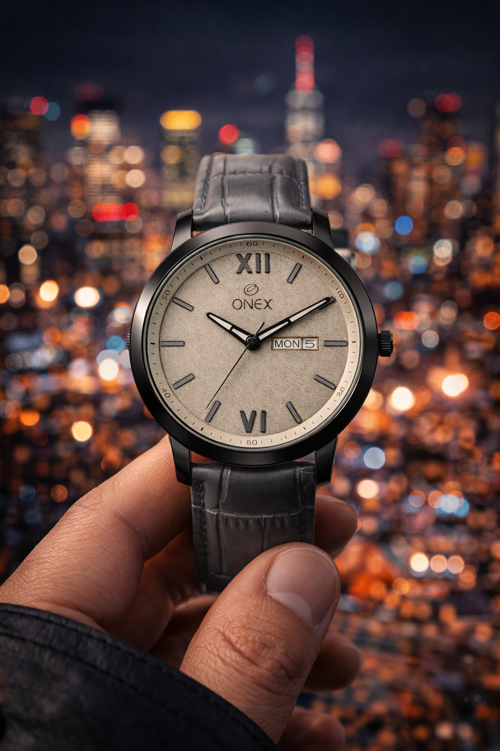 ONEX Men's Day & Date Analog Watch – Grey Dial, Black Case & Grey Leather Strap