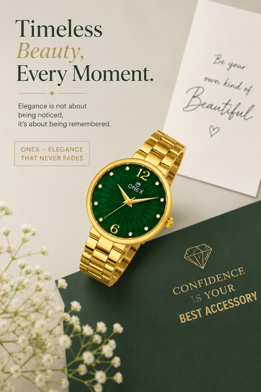 ONEX Women’s Gold-Tone Designer Bracelet Watch with Crystal Studded Dial Green