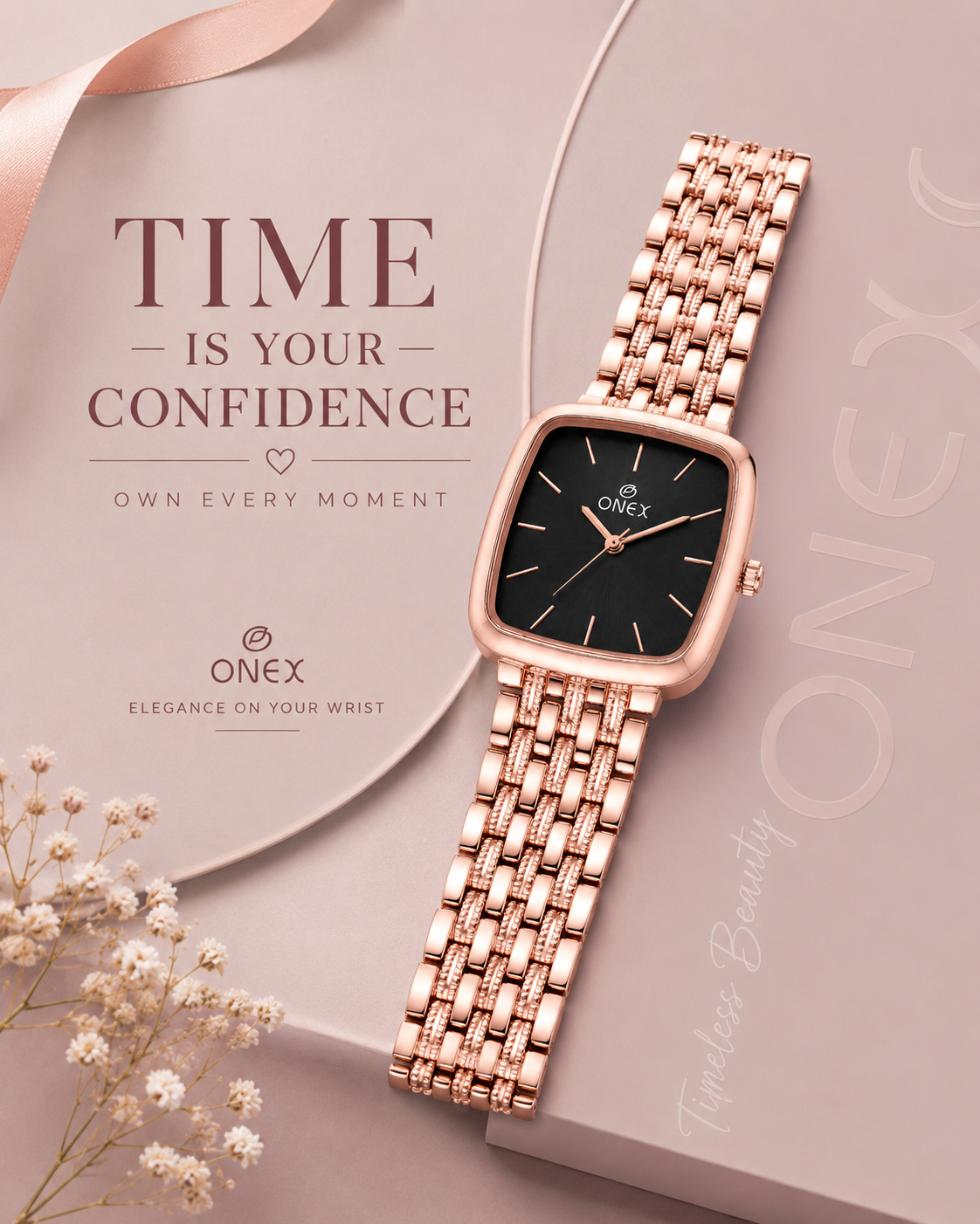ONEX Women's Analog Rose Gold Stainless Steel Bracelet Watch | Square Black Dial | Elegant Casual & Party Wear Wrist Watch for Women