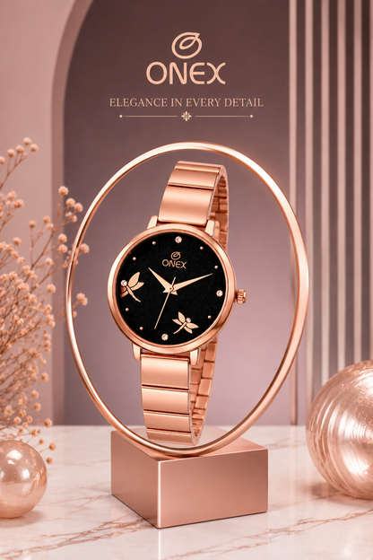 Onex Women’s Rose Gold Bracelet Watch with Crystal Markers & Dragonfly Dial