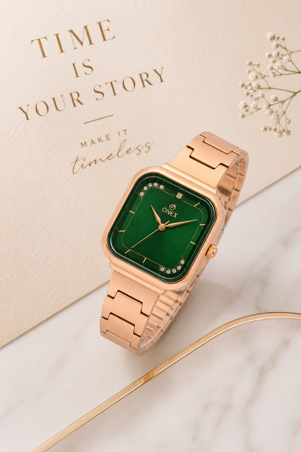 ONEX Rose Gold Square Dial Analog Watch for Women | Crystal Accent Dial | Metal Strap