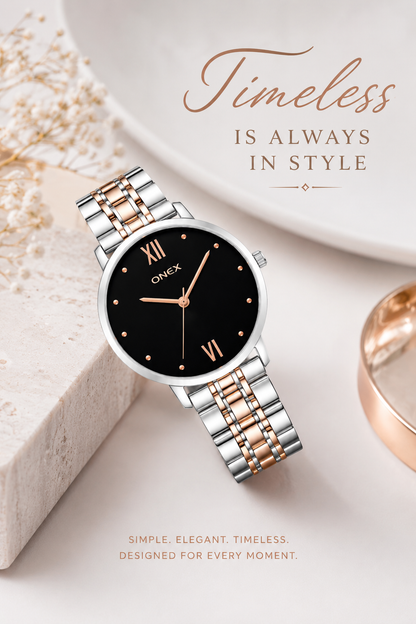 ONEX Women's Analog Wrist Watch for women | Two Tone Stainless Steel Bracelet Strap | Black Sunray Dial | Premium Casual & Formal Watch