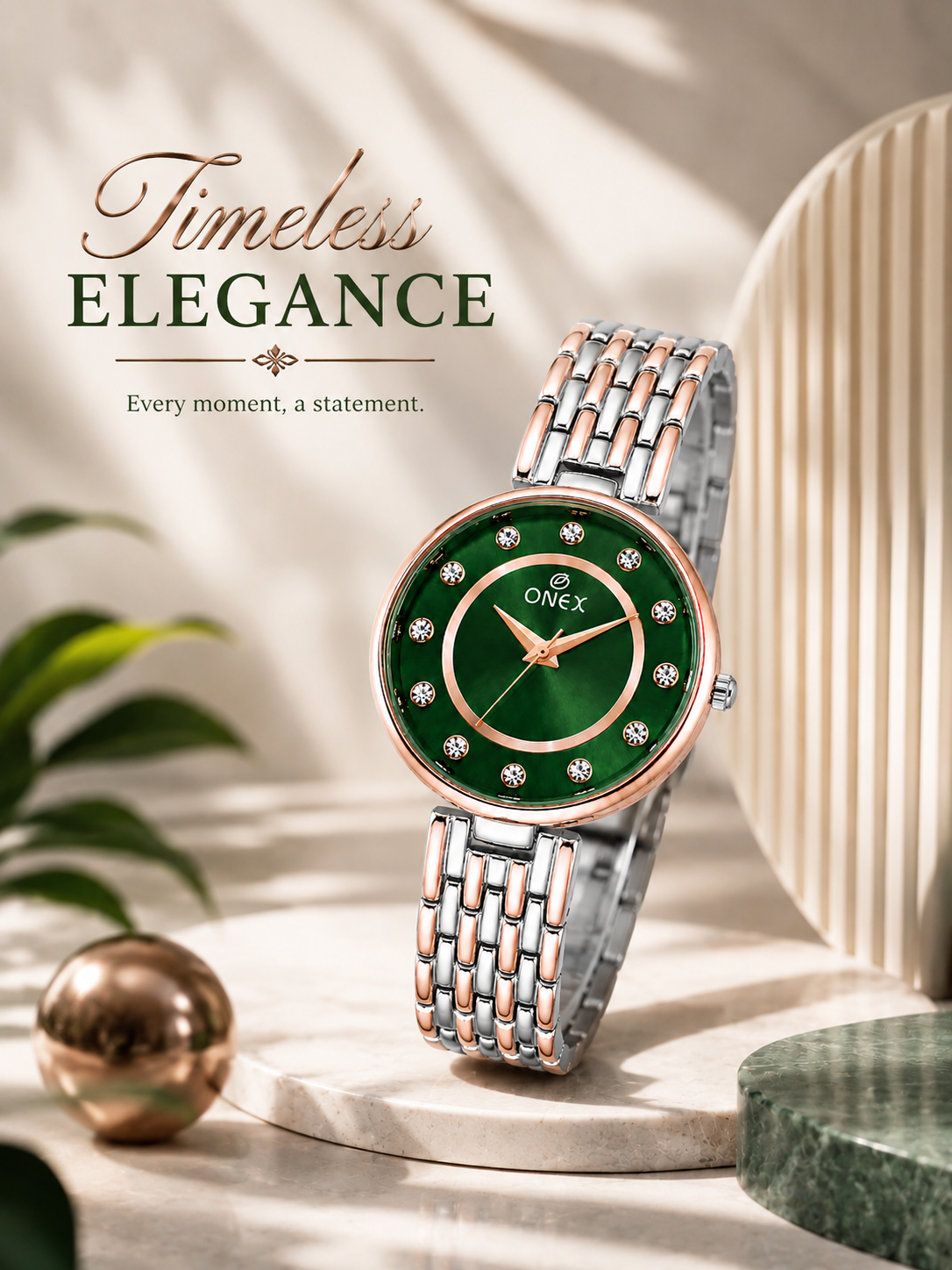 Onex Women’s Green Analog Watch with Crystal Studded Dial & Dual Tone Bracelet Strap
