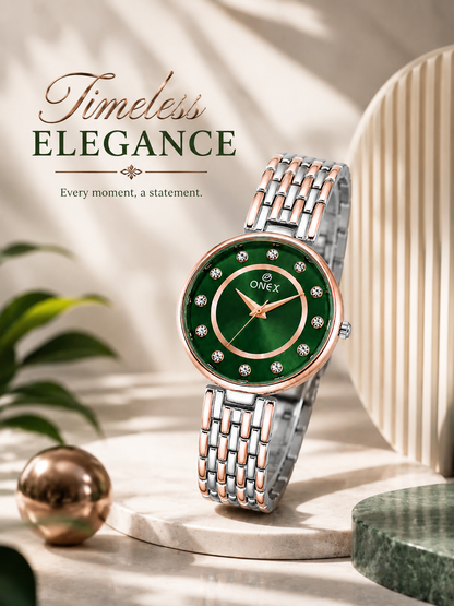 Onex Women’s Green Analog Watch with Crystal Studded Dial & Dual Tone Bracelet Strap