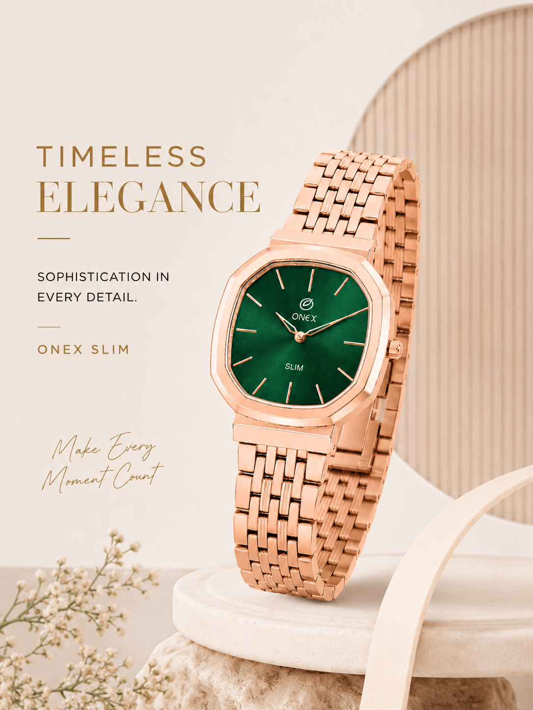 Onex Slim Rose Gold Stainless Steel Analog Watch for Women | Green Sunray Dial | Elegant Bracelet Strap
