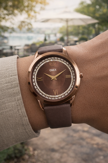 ONEX Men’s Analog Watch with Brown Dial, Crystal Studded Bezel & Brown Leather Strap – Stylish Casual & Formal Wrist Watch for Men