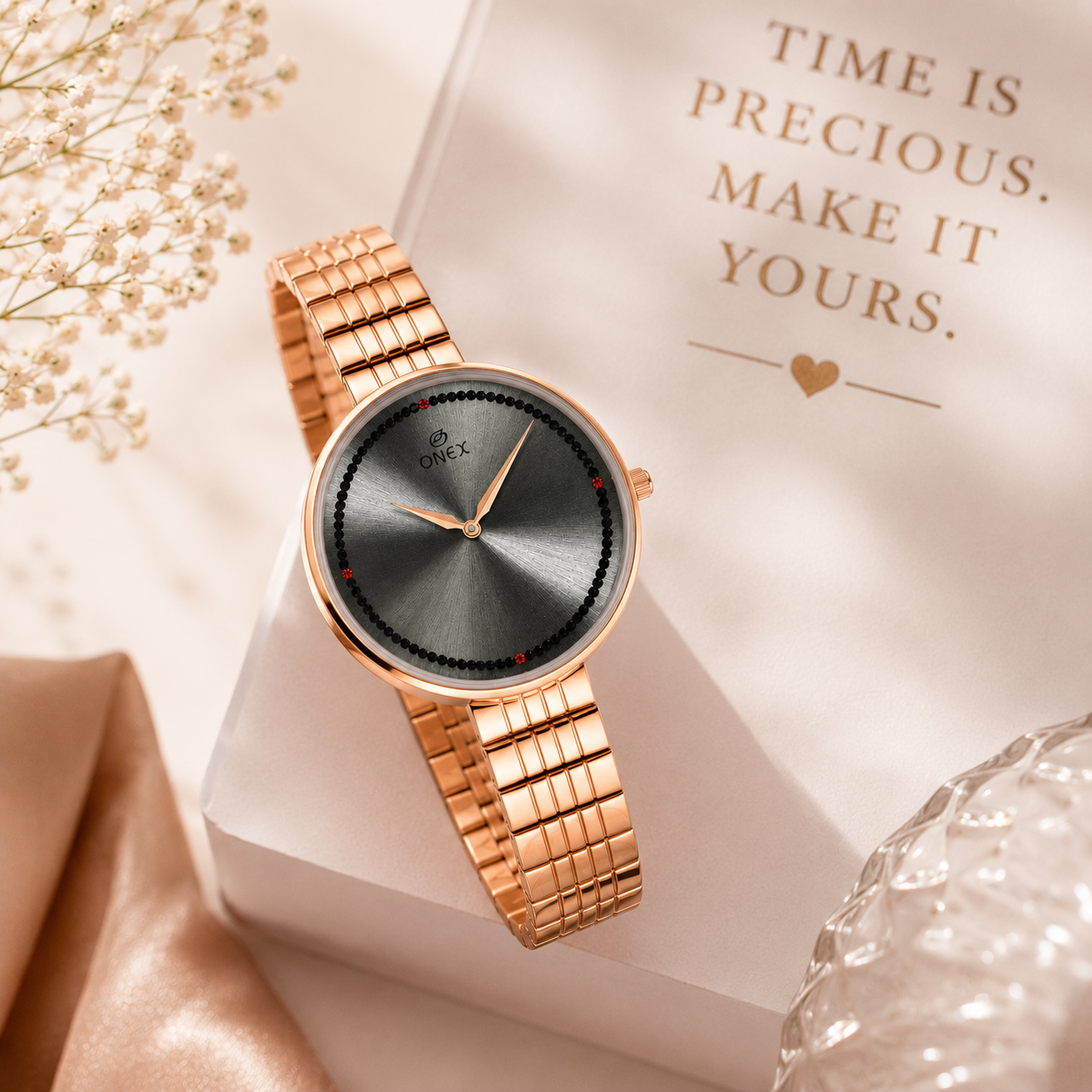 ONEX Elegant Rose Gold Women’s Watch | Grey Sunray Dial with Crystal Ring