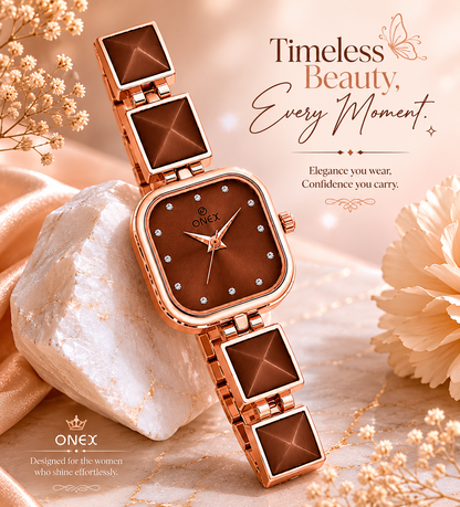 ONEX Women’s Rose Gold Square Dial Bracelet Watch with Crystal Studded Brown Dial
