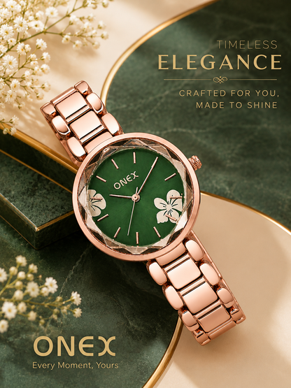 ONEX Women's Rose Gold Analog Watch | Floral Sunray Green Dial | Premium Bracelet Strap | Quartz Movement | Elegant Dress Watch
