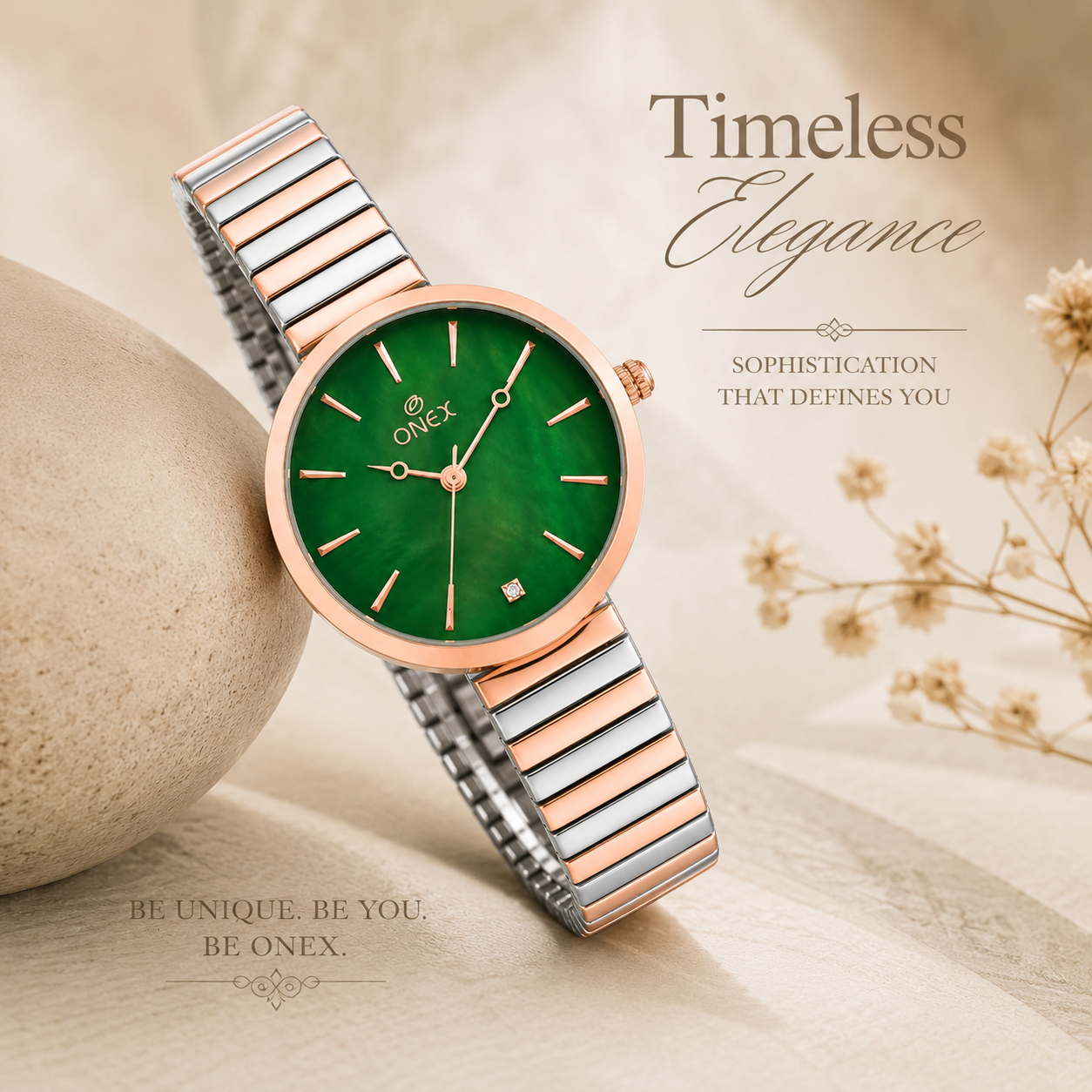 Onex Women’s Rose Gold Green Pearl Dial Slim Bracelet Watch