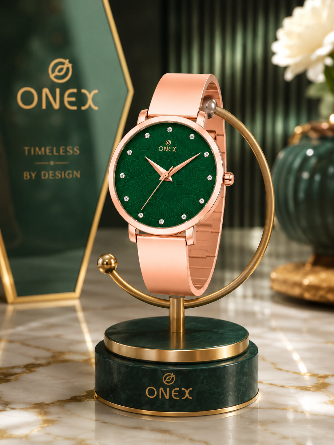 ONEX Women's Rose Gold Stainless Steel Analog Watch | Textured Green Dial with Crystal Hour Markers | Elegant Bracelet Strap | Fashion Wrist Watch for Women