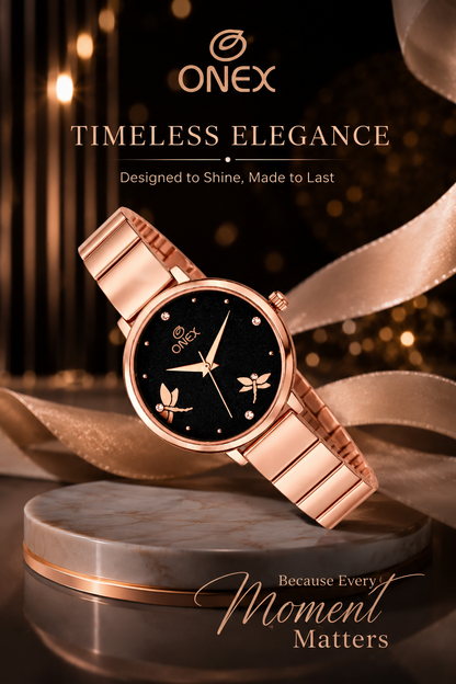 Onex Women’s Rose Gold Bracelet Watch with Crystal Markers & Dragonfly Dial