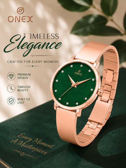 ONEX Women's Rose Gold Stainless Steel Analog Watch | Textured Green Dial with Crystal Hour Markers | Elegant Bracelet Strap | Fashion Wrist Watch for Women