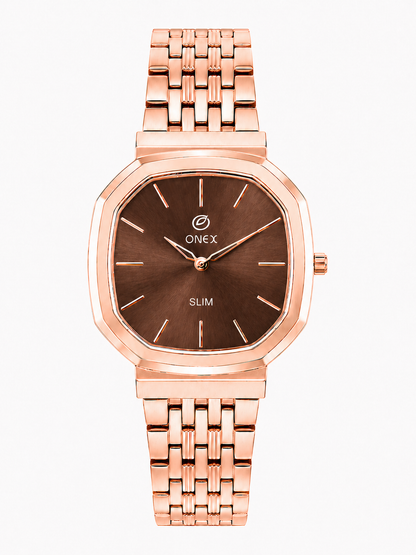 Onex Slim Rose Gold Stainless Steel Analog Watch for Women | Brown Sunray Dial | Elegant Bracelet Strap