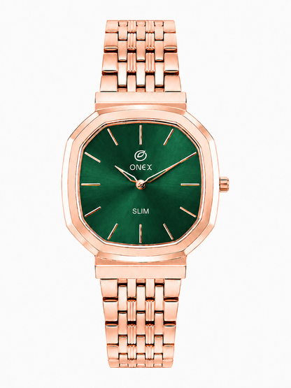 Onex Slim Rose Gold Stainless Steel Analog Watch for Women | Green Sunray Dial | Elegant Bracelet Strap