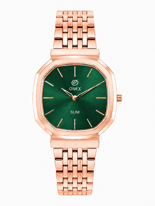 Onex Slim Rose Gold Stainless Steel Analog Watch for Women | Green Sunray Dial | Elegant Bracelet Strap